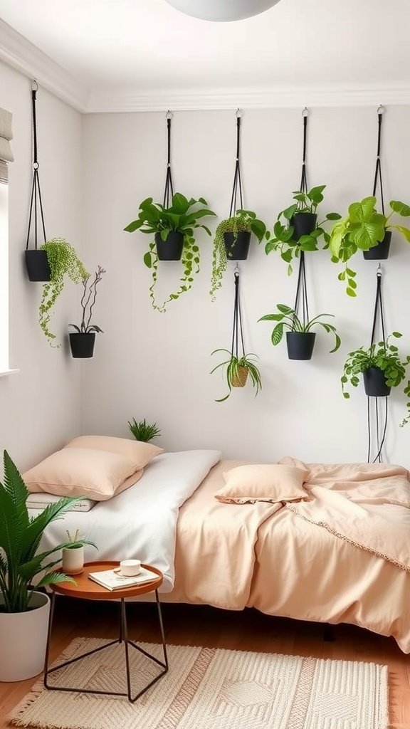 A small bedroom with a bed, side table, and vertical plants hanging on the wall.