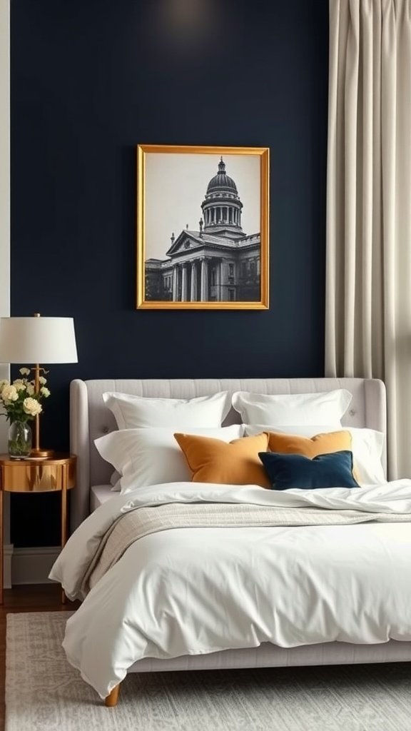 A sophisticated bedroom with dark blue walls, a plush bed, and gold accents.