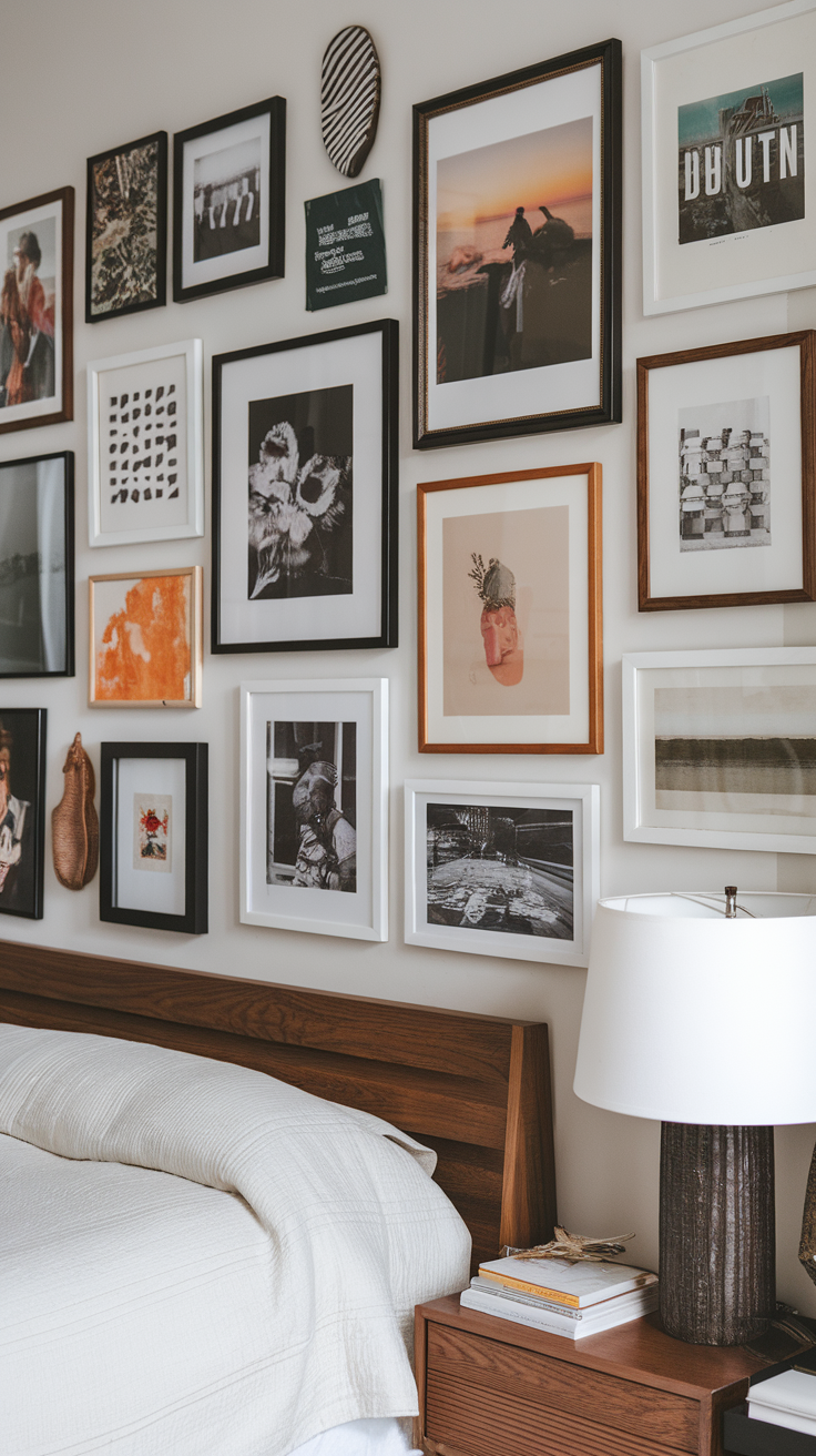 Couple admiring a gallery wall in a stylish bedroom setup.