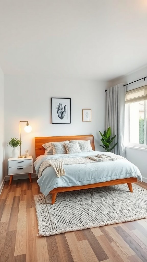 A modern small bedroom featuring a light wooden bed, blue bedding, a nightstand with a lamp, and a plant by the window.