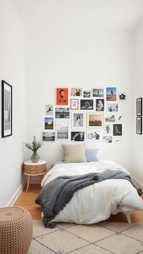 A cozy small bedroom with a gallery wall featuring framed photos and art.