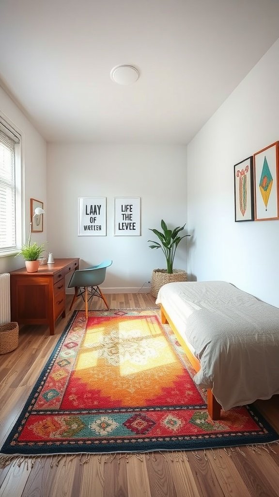 Cozy small bedroom featuring long curtains that enhance verticality and a minimalist design.