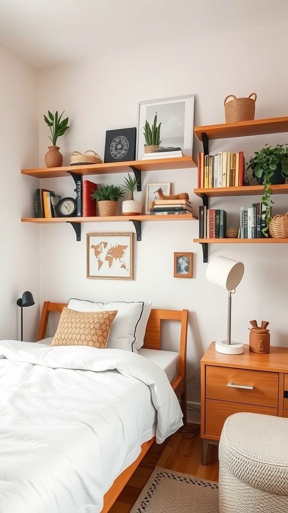 Stylish small bedroom with wooden shelves displaying books and plants above the bed.