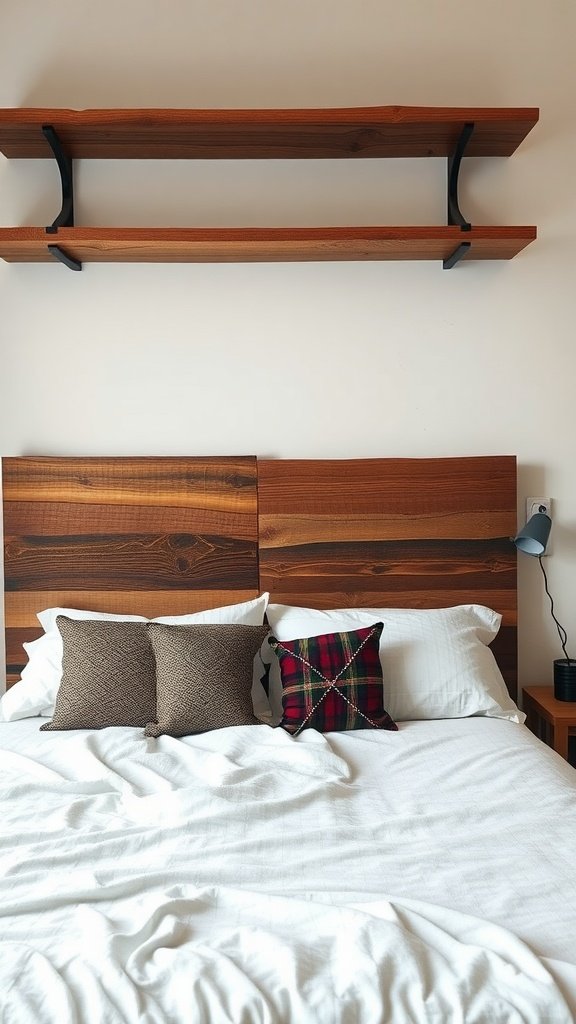 A cozy bedroom featuring reclaimed wood headboard and shelves, with pillows on a neatly made bed