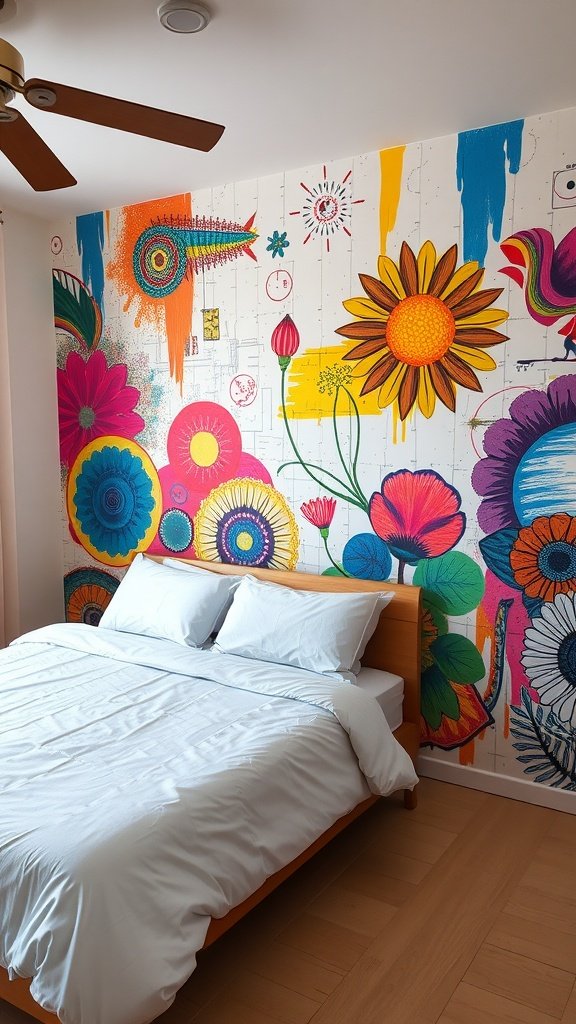 A colorful accent wall with flowers and patterns in a bedroom setting.