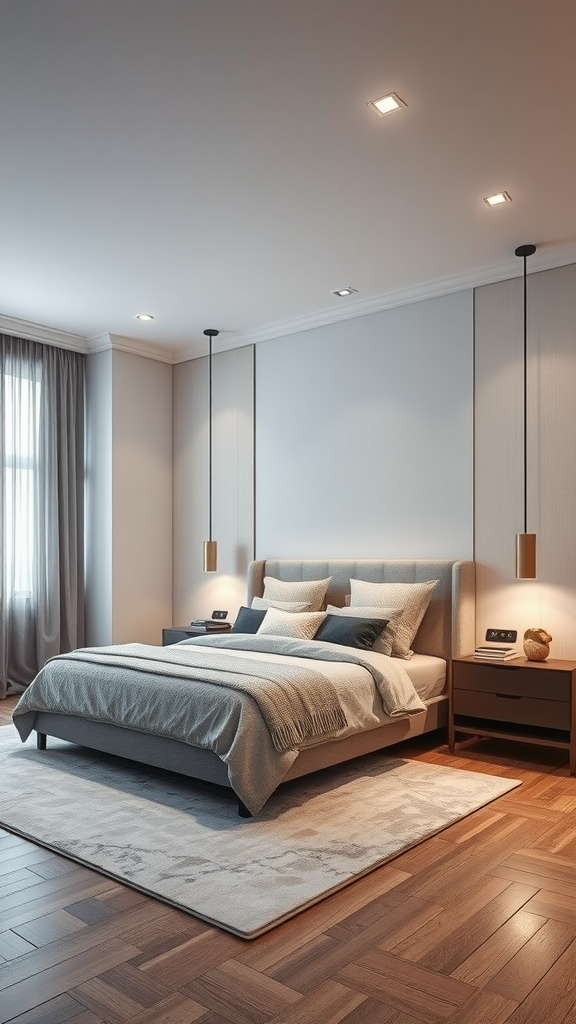 A modern bedroom featuring sleek technology and elegant decor.
