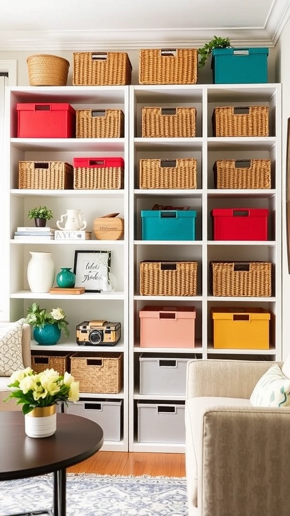 19 Colorful Living Room Decor Ideas for Small Apartments That Will Brighten Your Day! - 14. Colorful Storage Solutions