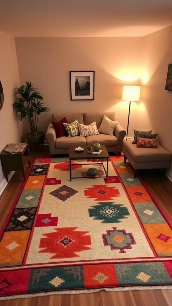 19 Colorful Living Room Decor Ideas for Small Apartments That Will Brighten Your Day! - 3. Vibrant Area Rugs