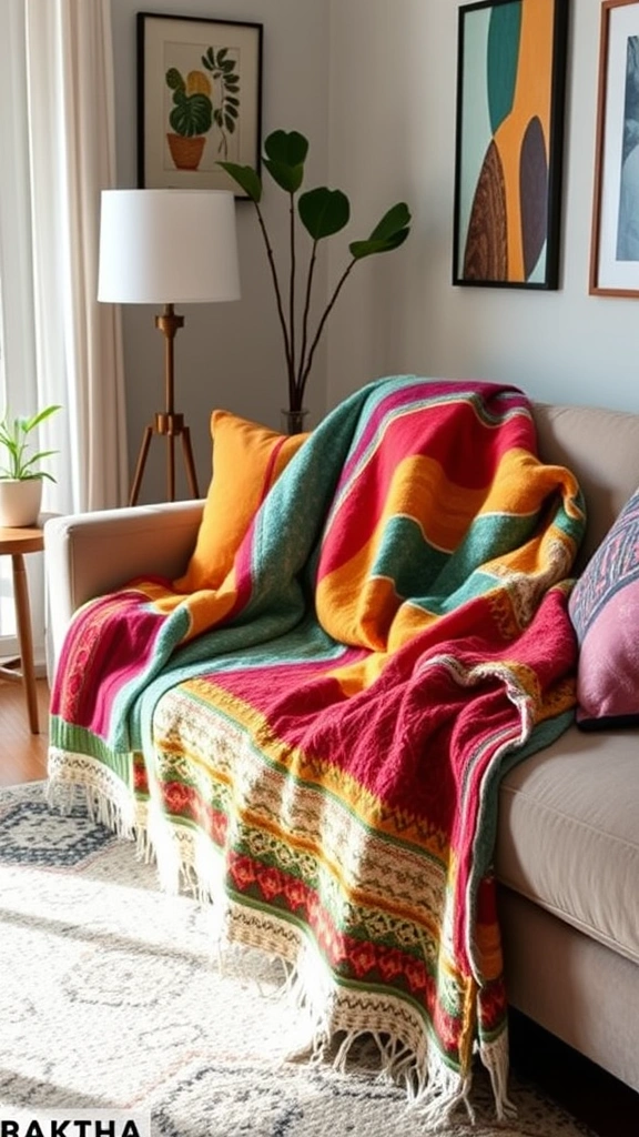 19 Colorful Living Room Decor Ideas for Small Apartments That Will Brighten Your Day! - 8. Cozy Colorful Throws