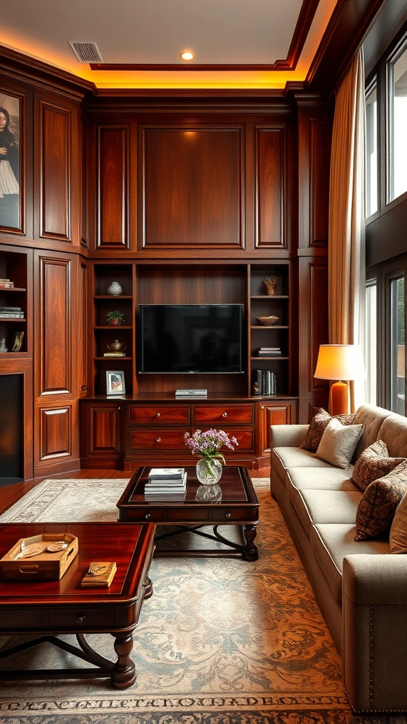 30 Chic Living Room Ideas in Warm Colors to Elevate Your Home's Comfort! - 15. Rich Mahogany Accents