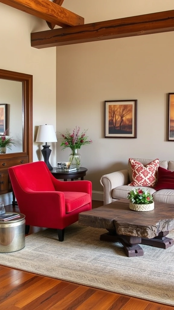 30 Chic Living Room Ideas in Warm Colors to Elevate Your Home's Comfort! - 5. Rustic Red Touches