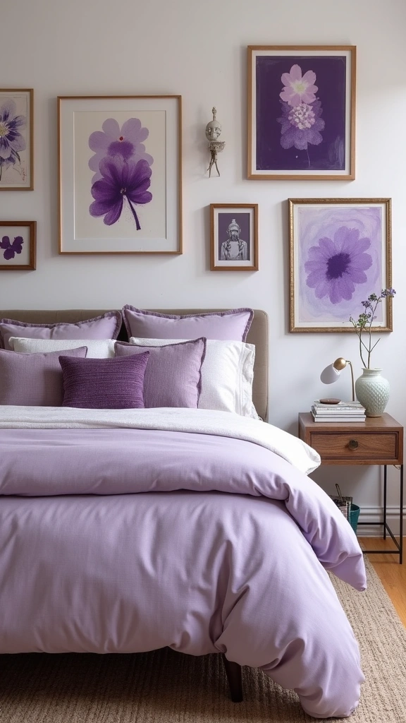 32 Trendy Purple Bedroom Ideas for the Modern Grown Woman! - 14. Purple Wall Art Gallery