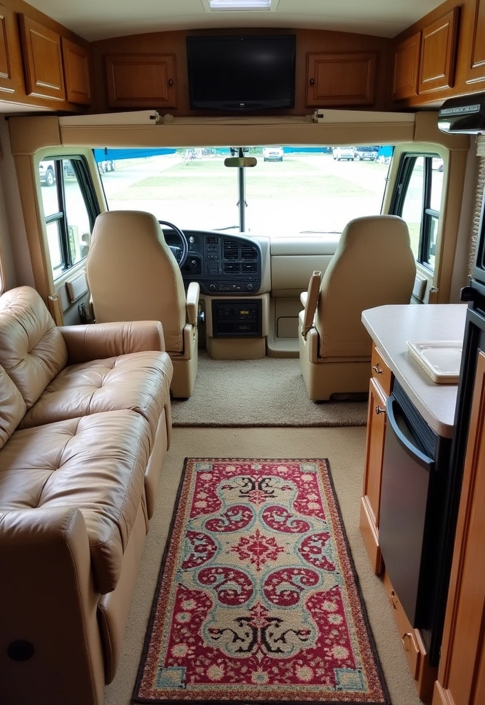 42 Brilliant RV Decorating Ideas to Maximize Your Tiny Space! - 17. Use of Colorful Rugs to Define Spaces