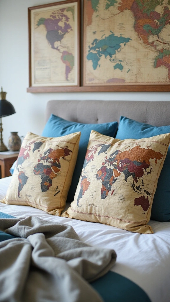 14 Chic Decorative Pillow Ideas to Spark Joy in Your Bedroom! - 13. Travel-Inspired