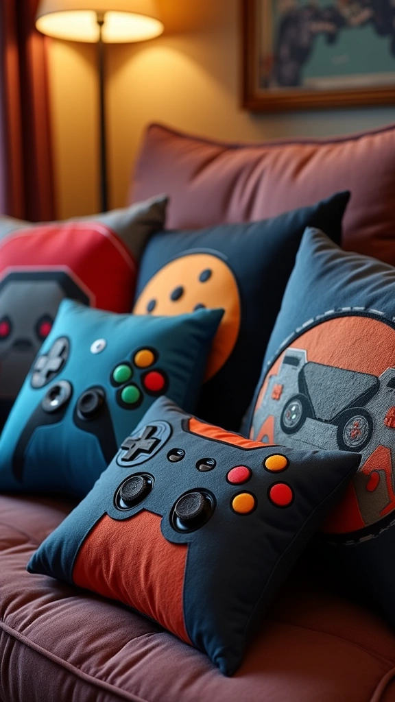 25 Creative Game Room Decor Ideas for Adults (Get Ready to Play!) - 8. Game-themed Throw Pillows