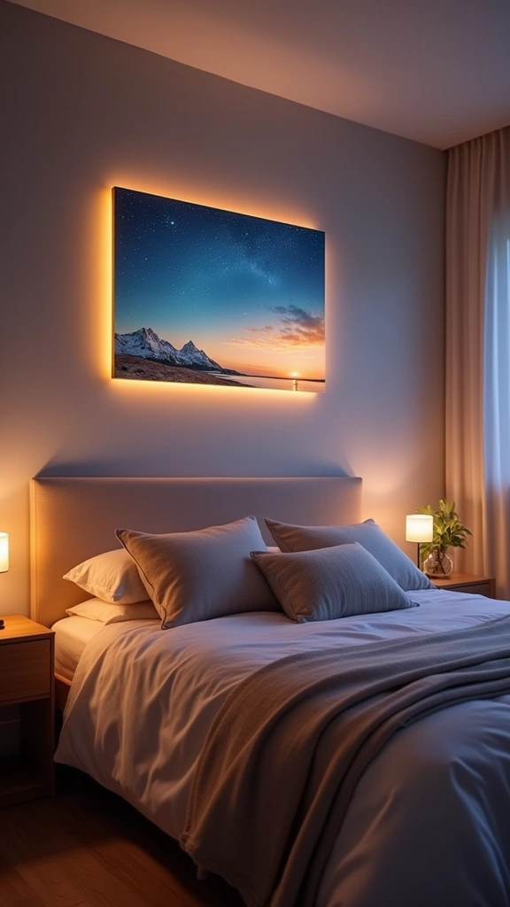 30 Cozy Bedroom Lighting Ideas That Create the Most Tranquil Ambiance! - 11. Soft Glowing Wall Art