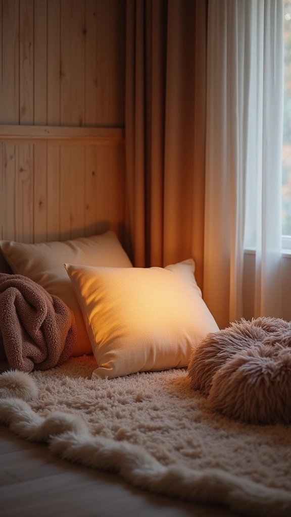 30 Cozy Bedroom Lighting Ideas That Create the Most Tranquil Ambiance! - 14. Soft Glow from Floor Cushions