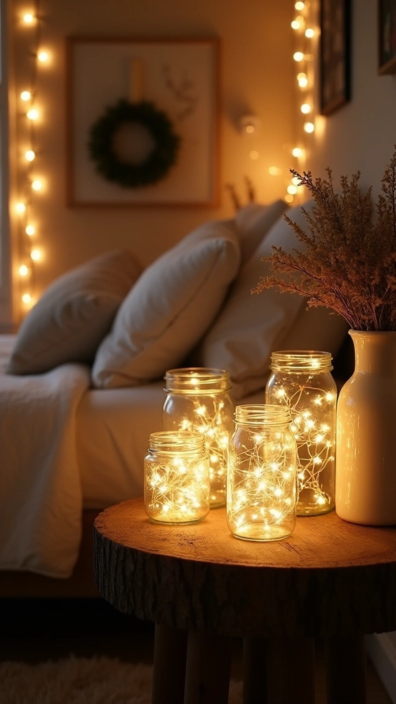 30 Cozy Bedroom Lighting Ideas That Create the Most Tranquil Ambiance! - 2. Fairy Lights in Glass Jars