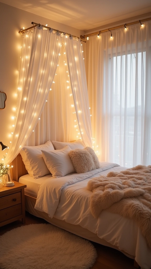 30 Cozy Bedroom Lighting Ideas That Create the Most Tranquil Ambiance! - 4. String Lights Canopy