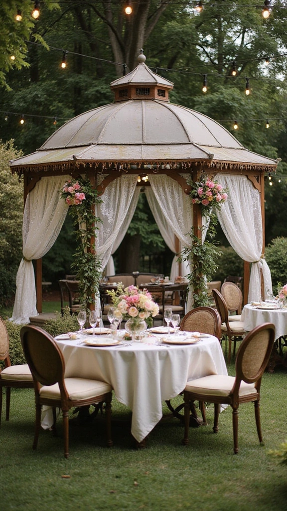 33 Charming Backyard Gazebo Ideas to Create Your Perfect Retreat! - 11. Vintage Garden Party Gazebo