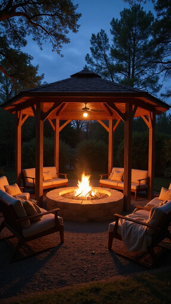 33 Charming Backyard Gazebo Ideas to Create Your Perfect Retreat! - 9. Cozy Fire Pit Gazebo