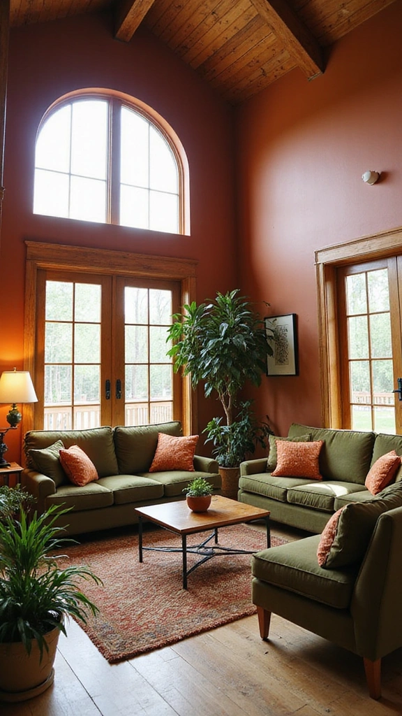 16 Cozy High Ceiling Living Room Ideas That Make You Want to Curl Up! - 1. Embrace Earthy Tones