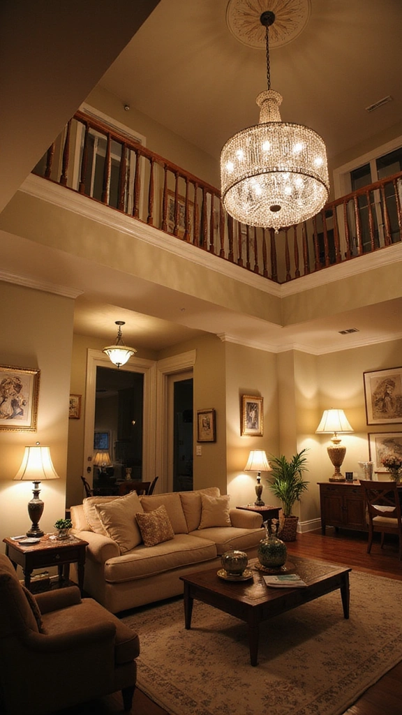 16 Cozy High Ceiling Living Room Ideas That Make You Want to Curl Up! - 11. Warm Lighting Layers