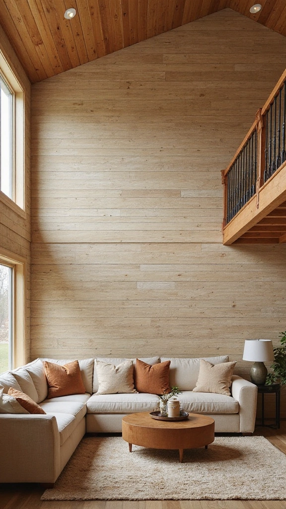 16 Cozy High Ceiling Living Room Ideas That Make You Want to Curl Up! - 13. Textured Wall Treatments