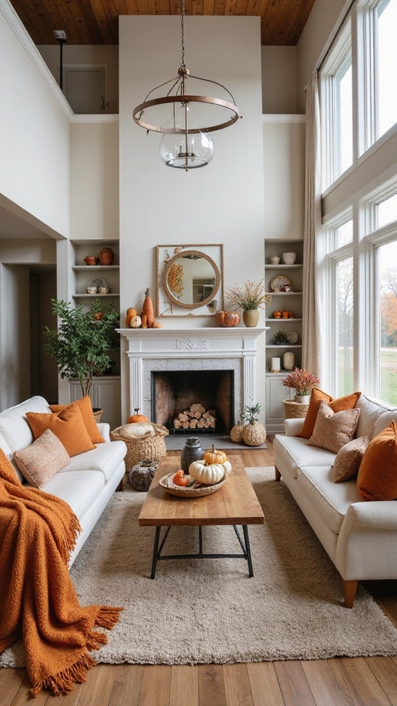 16 Cozy High Ceiling Living Room Ideas That Make You Want to Curl Up! - 15. Cozy Seasonal Decor