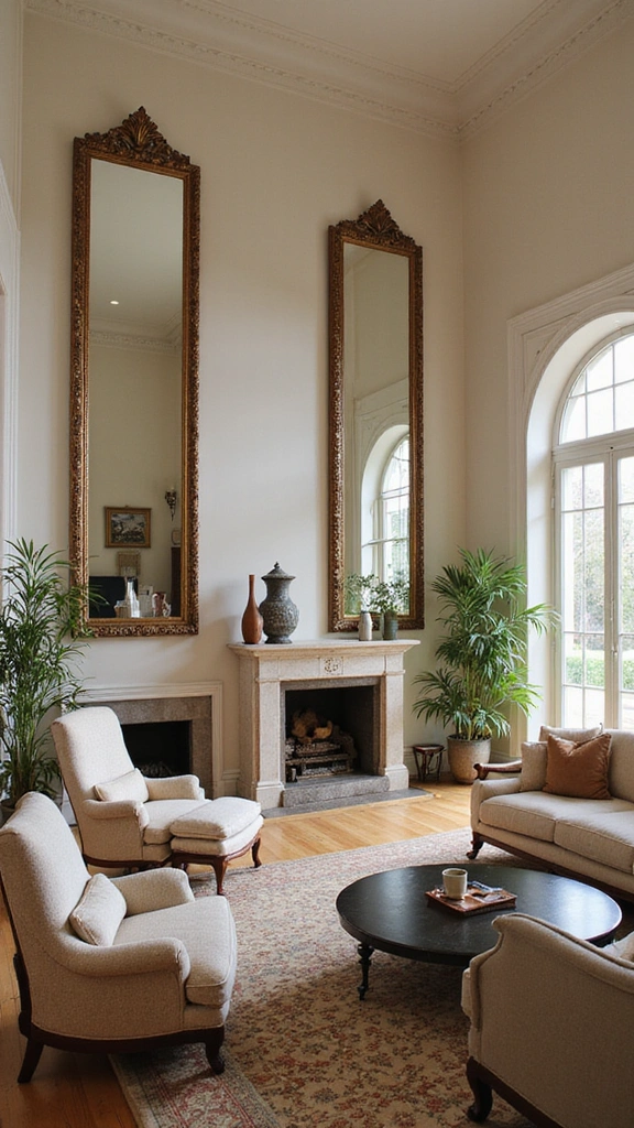 16 Cozy High Ceiling Living Room Ideas That Make You Want to Curl Up! - 16. Use of Mirrors for Depth