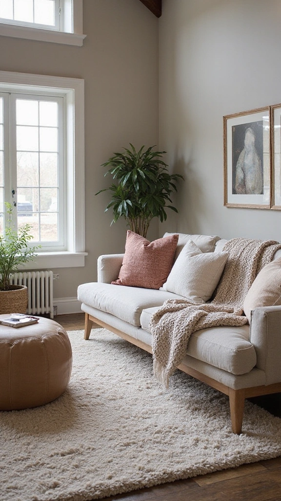 16 Cozy High Ceiling Living Room Ideas That Make You Want to Curl Up! - 2. Layered Textiles for Comfort