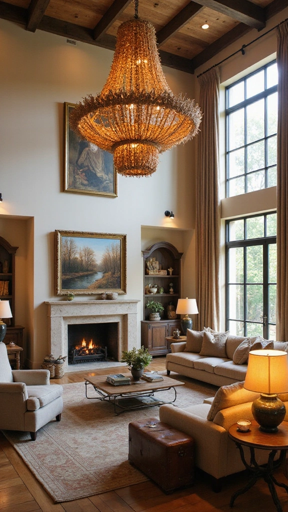 16 Cozy High Ceiling Living Room Ideas That Make You Want to Curl Up! - 3. Statement Lighting Fixtures