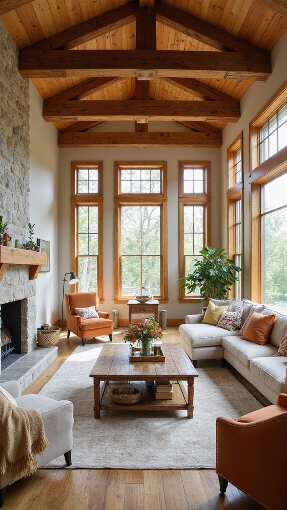 16 Cozy High Ceiling Living Room Ideas That Make You Want to Curl Up! - 5. Incorporate Warm Wood Accents