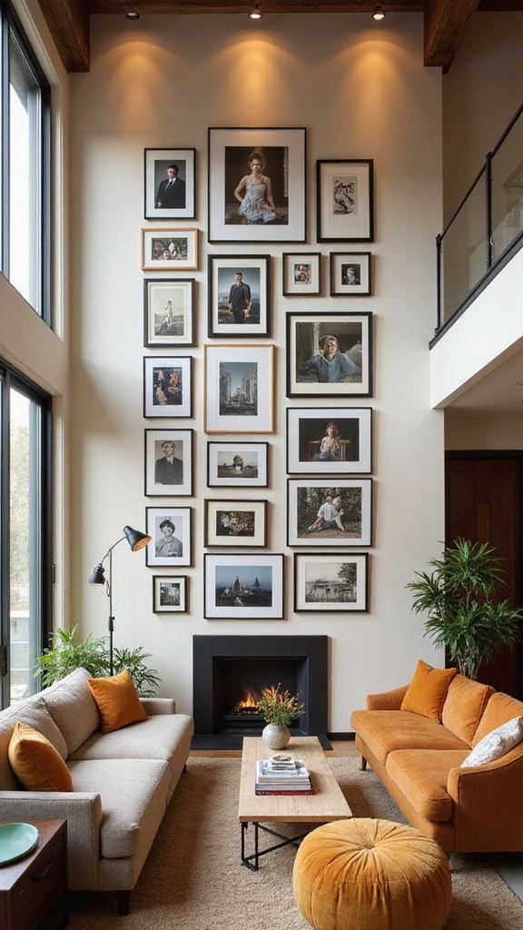 16 Cozy High Ceiling Living Room Ideas That Make You Want to Curl Up! - 6. Gallery Wall of Memories