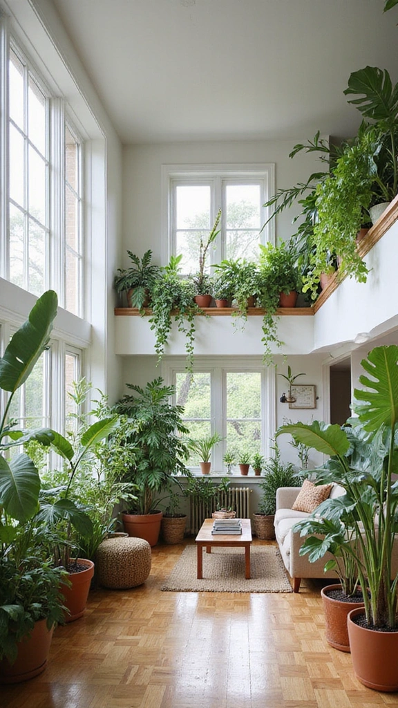 16 Cozy High Ceiling Living Room Ideas That Make You Want to Curl Up! - 7. Indoor Plants for Freshness