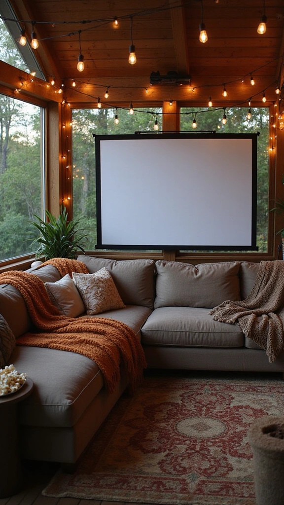 16 Luxury Screened In Porch Ideas That Will Make Your Home Feel Like a Resort! - 10. Cozy Movie Nook