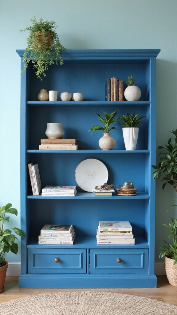 20 Modern Blue Bedroom Decor Accessories to Brighten Up Your Space! - 13. Decorative Blue Bookshelves