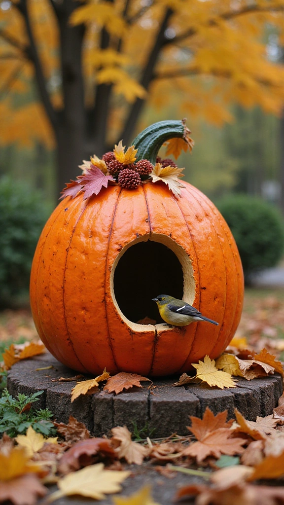 21 Creative Bird House Ideas You Can Make This Weekend (Your Feathered Friends Will Thank You!) - 13. Whimsical Pumpkin Birdhouse