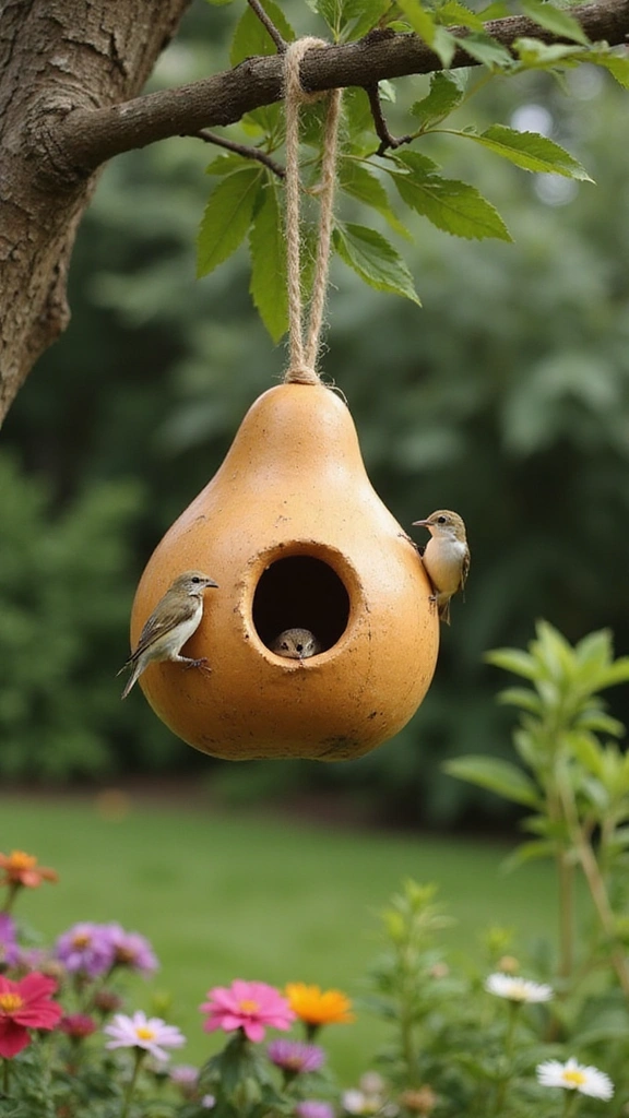 21 Creative Bird House Ideas You Can Make This Weekend (Your Feathered Friends Will Thank You!) - 16. Hanging Gourd Birdhouse