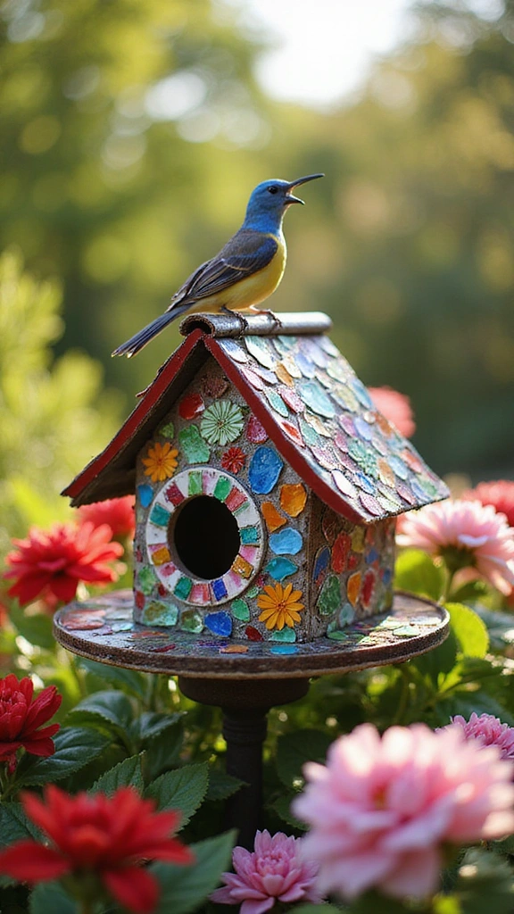 21 Creative Bird House Ideas You Can Make This Weekend (Your Feathered Friends Will Thank You!) - 9. Colorful Mosaic Birdhouse