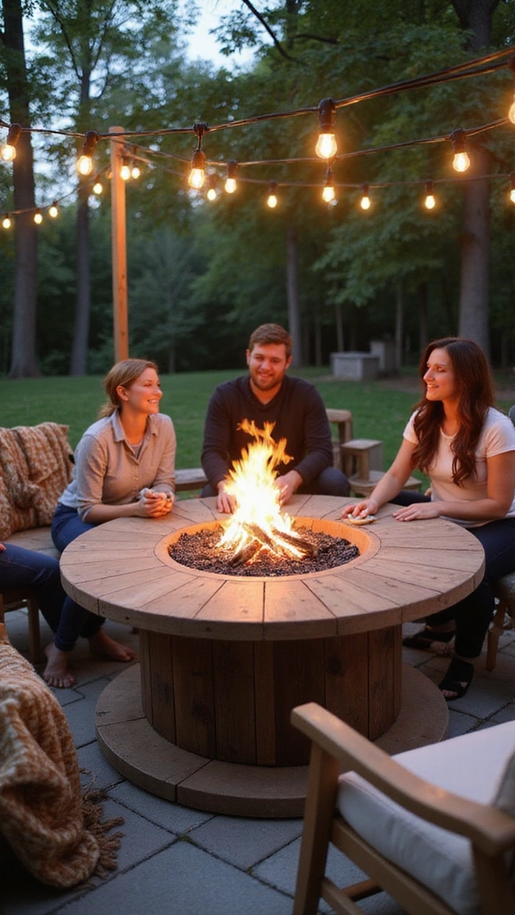 22 Spool Table Ideas That Add a Touch of Elegance to Your Patio (Watch Out for #11!) - 13. Spool Table with a Fire Pit Centerpiece
