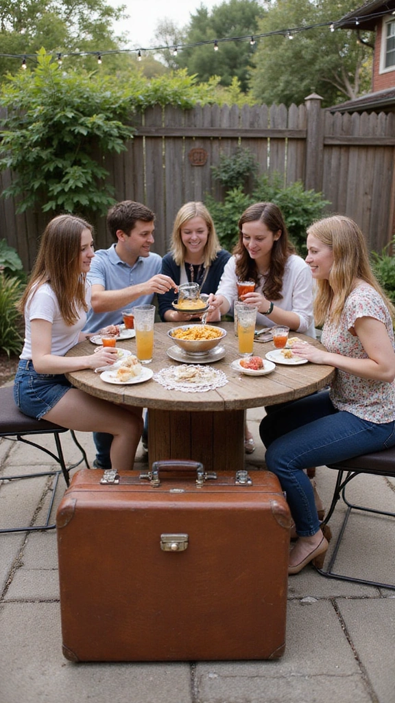 22 Spool Table Ideas That Add a Touch of Elegance to Your Patio (Watch Out for #11!) - 21. Spool Table with a Vintage Suitcase Base