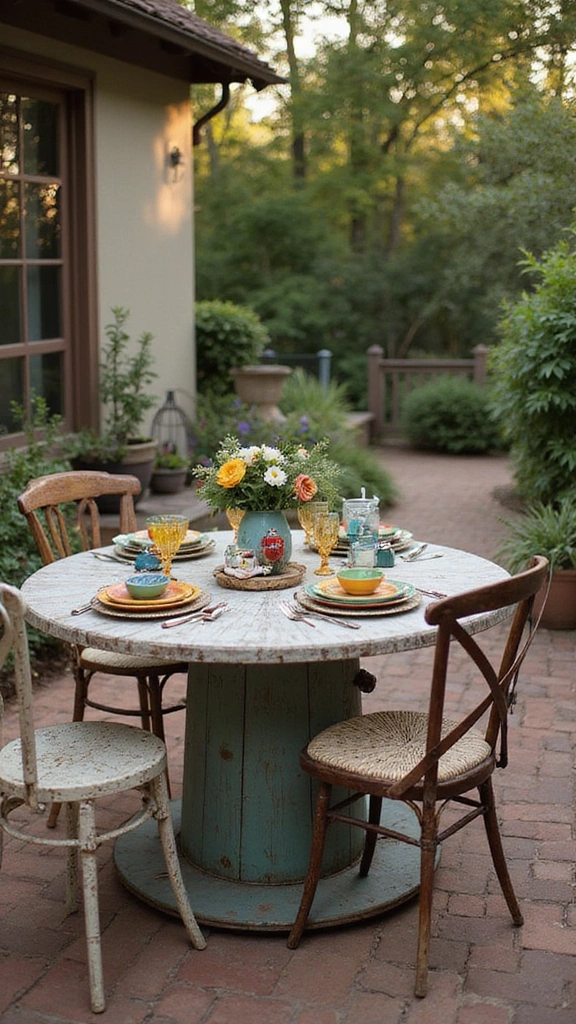 22 Spool Table Ideas That Add a Touch of Elegance to Your Patio (Watch Out for #11!) - 3. Vintage Chic with Distressed Paint