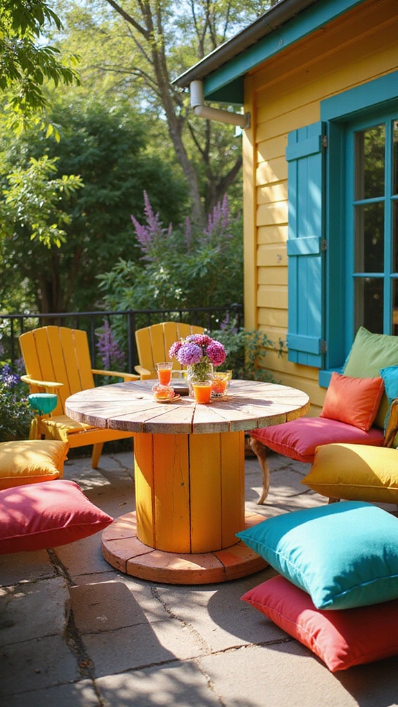 22 Spool Table Ideas That Add a Touch of Elegance to Your Patio (Watch Out for #11!) - 5. Colorful Painted Spool Table