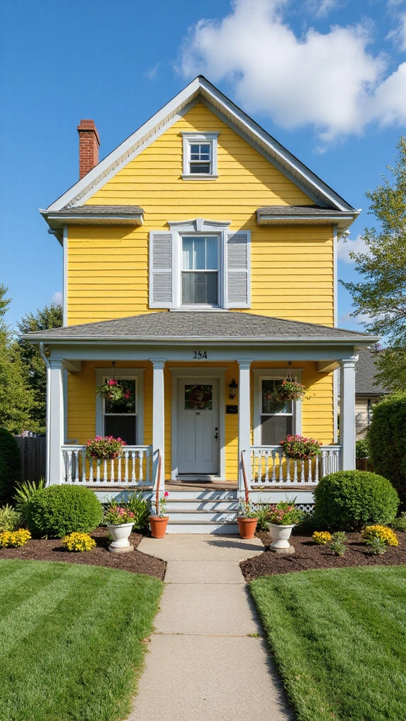 23 Inspirational Exterior Color Schemes to Brighten Up Your Home (Don’t Miss #10!) - 1. Cheerful Yellow and Soft Gray