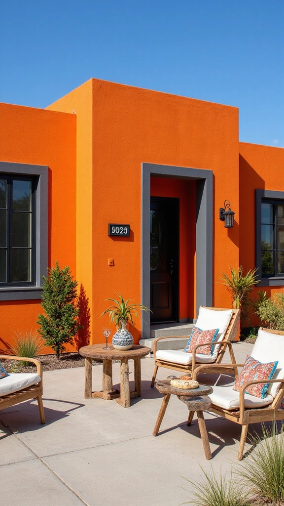 23 Inspirational Exterior Color Schemes to Brighten Up Your Home (Don’t Miss #10!) - 12. Bright Orange and Charcoal