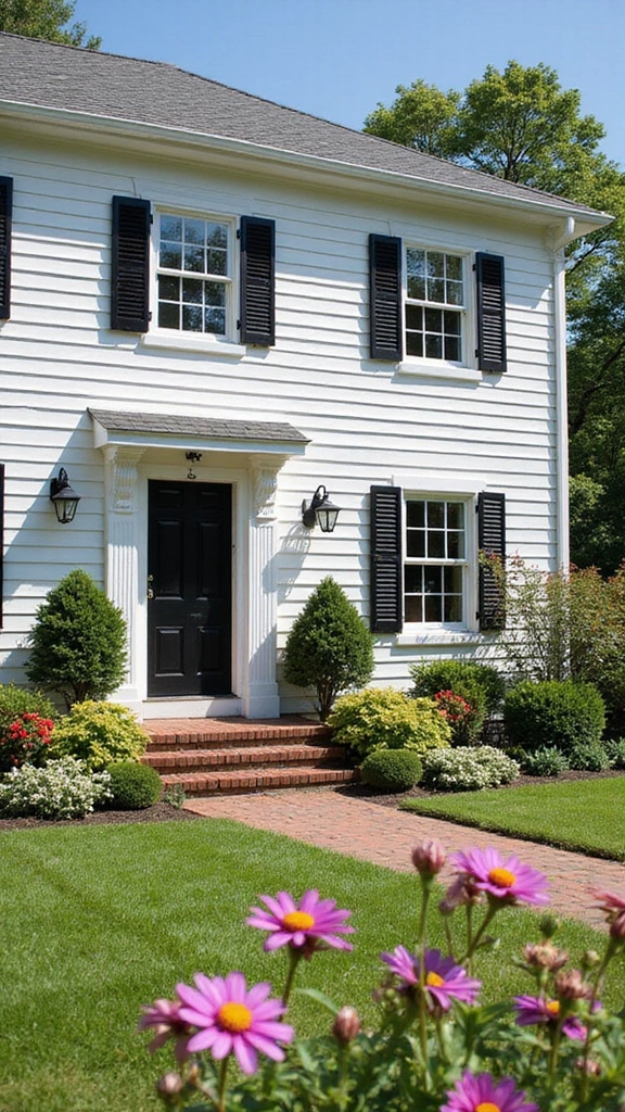 23 Inspirational Exterior Color Schemes to Brighten Up Your Home (Don’t Miss #10!) - 13. Classic White with Black Shutters