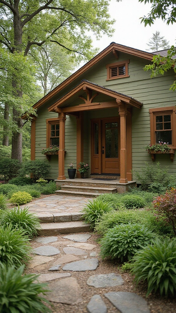 23 Inspirational Exterior Color Schemes to Brighten Up Your Home (Don’t Miss #10!) - 14. Rustic Olive Green and Warm Brown