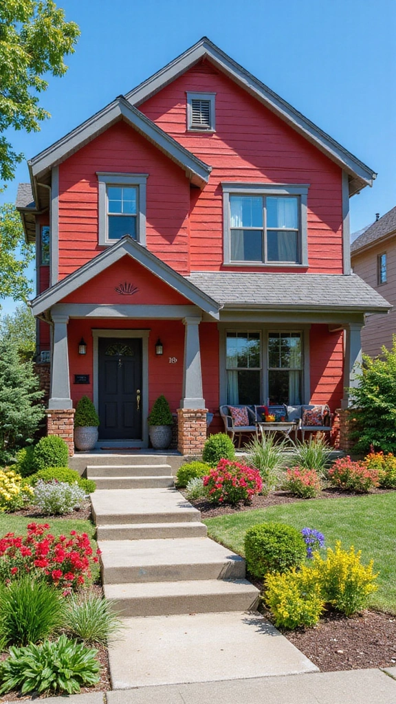23 Inspirational Exterior Color Schemes to Brighten Up Your Home (Don’t Miss #10!) - 15. Vibrant Red and Soft Gray