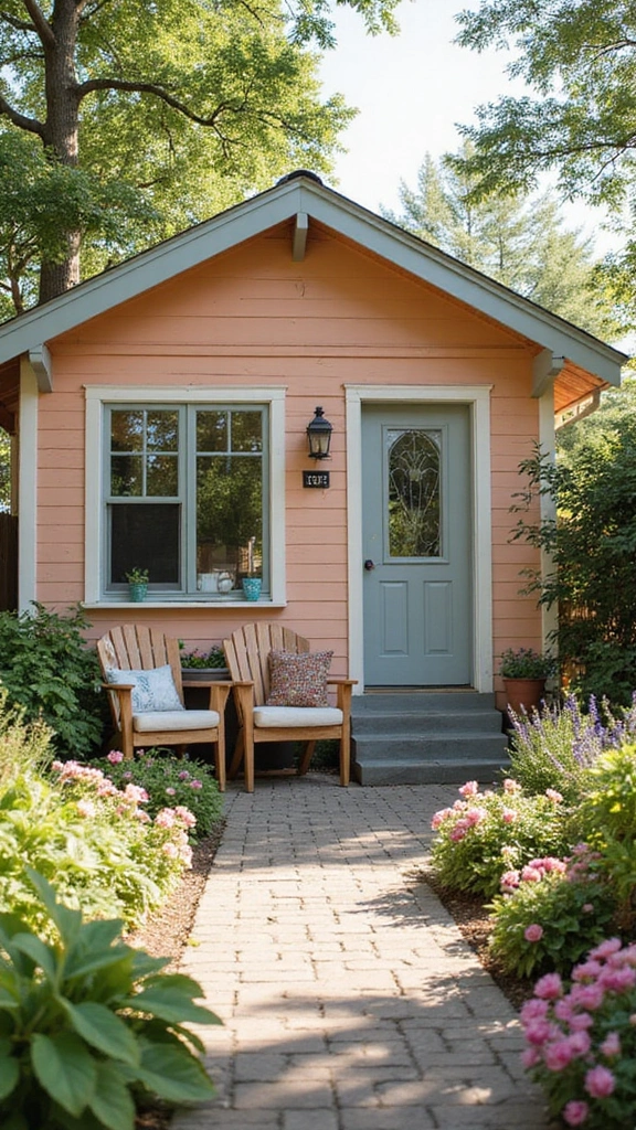 23 Inspirational Exterior Color Schemes to Brighten Up Your Home (Don’t Miss #10!) - 16. Soft Peach and Light Gray
